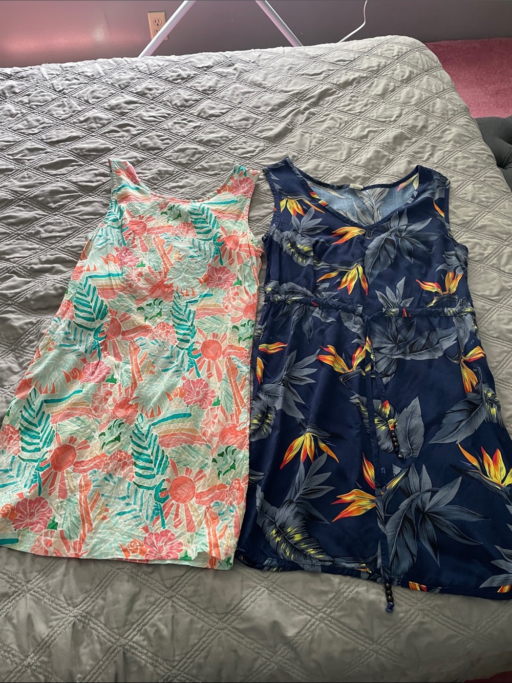 Set of Floral Tropical Sleeveless Summer Dress - Navy & Coral